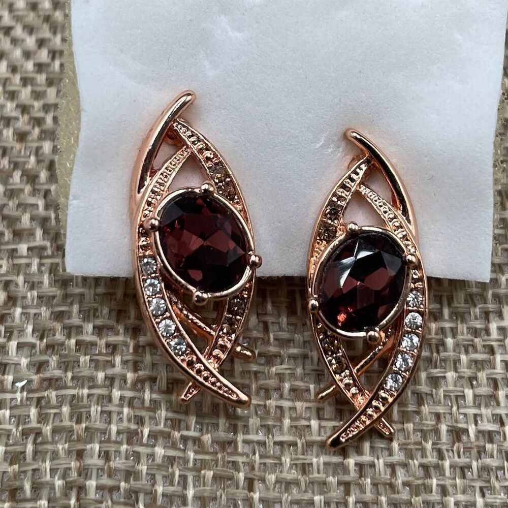 Vintage Rose Gold Stud Earrings with Garnet and Rhinestones